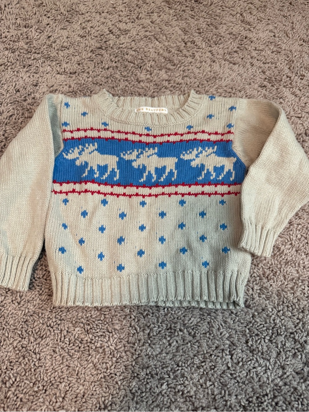 The Beaufort Bonnet Company Cream Sweater with Blue and Red Moose Detail